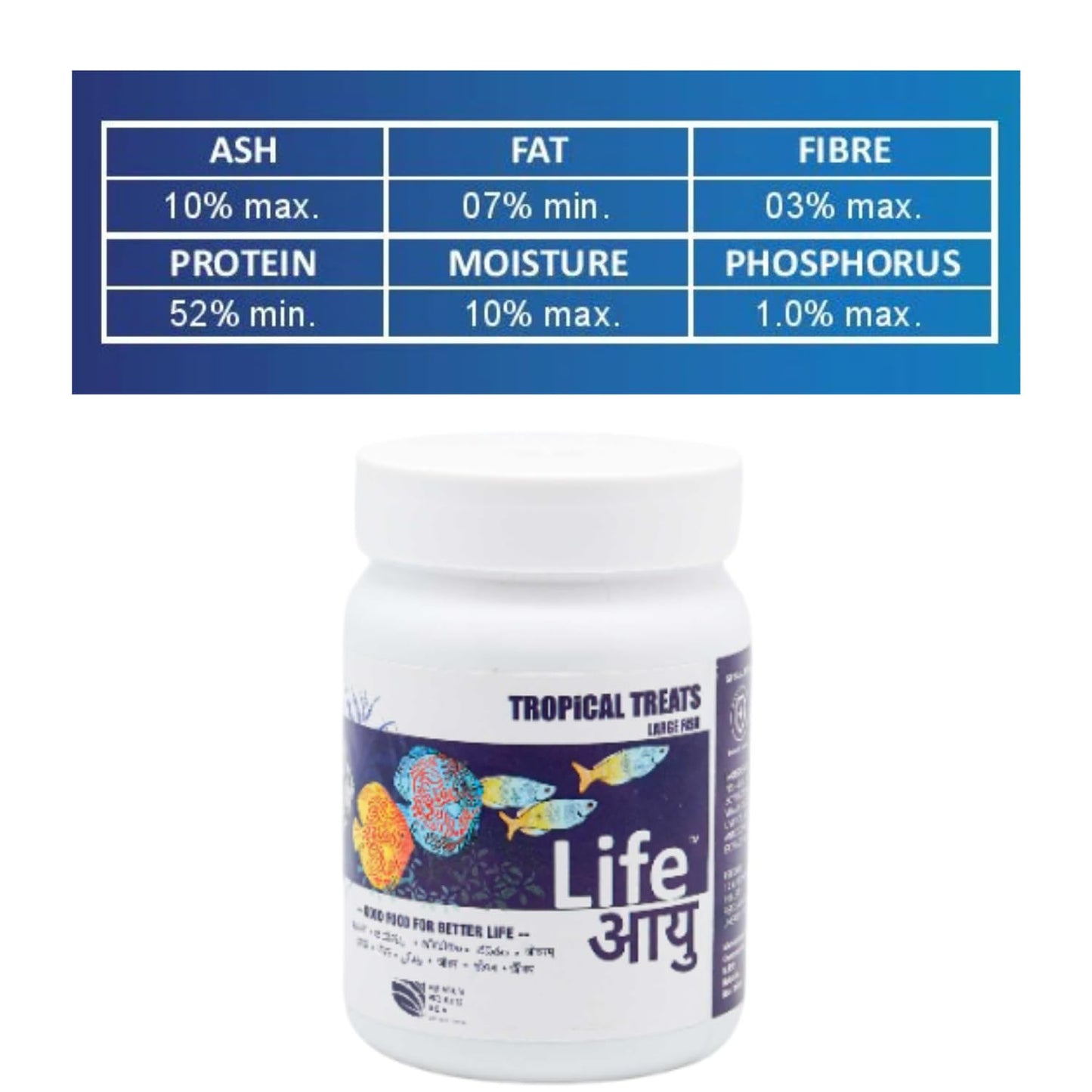 Life AAYU Tropical Treats Fish Food | Ayurvedic Immunity Boost with Spirulina, Moringa, Garlic & Color Enhancers | for All Tropical Fishes | (Large, 70gms)