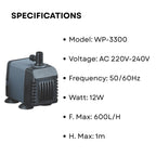 S0B0 WP-3300 Submersible Water Pump for Aquarium Fish Tank | Energy Saving & Environmental Friendly | For Marine and Fresh Water Aquariums | Power: 12W | F.Max: 600L/H | Original from Tunai Store