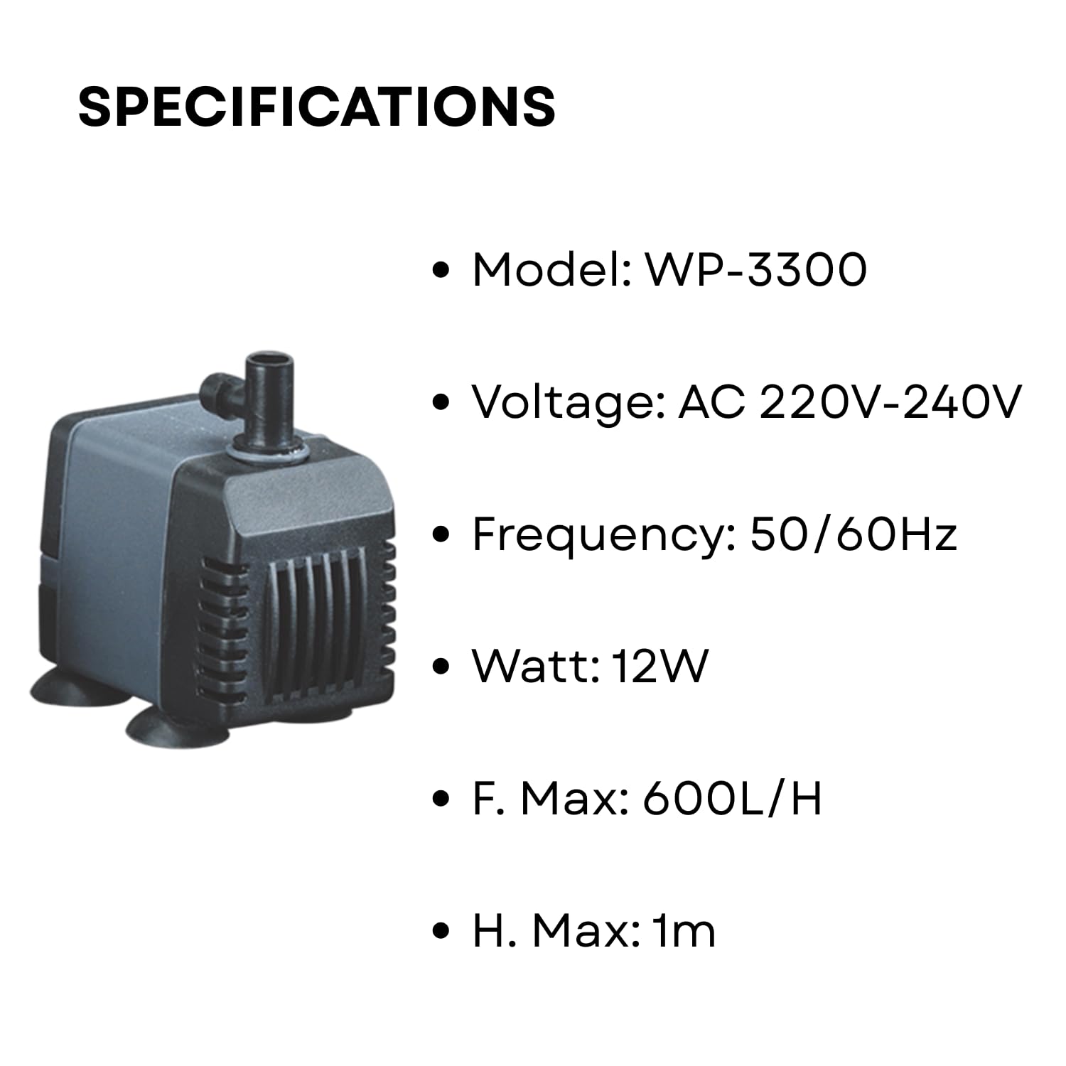 S0B0 WP-3300 Submersible Water Pump for Aquarium Fish Tank | Energy Saving & Environmental Friendly | For Marine and Fresh Water Aquariums | Power: 12W | F.Max: 600L/H | Original from Tunai Store