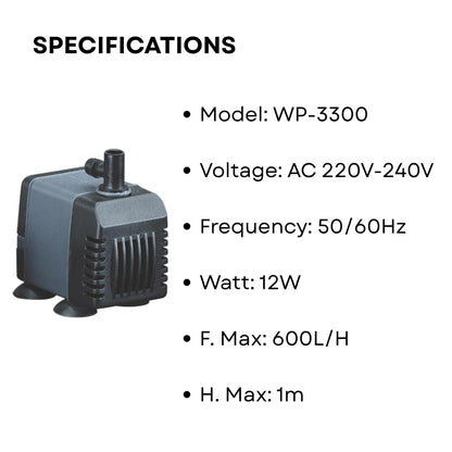 S0B0 WP-3300 Submersible Water Pump for Aquarium Fish Tank | Energy Saving & Environmental Friendly | For Marine and Fresh Water Aquariums | Power: 12W | F.Max: 600L/H | Original from Tunai Store