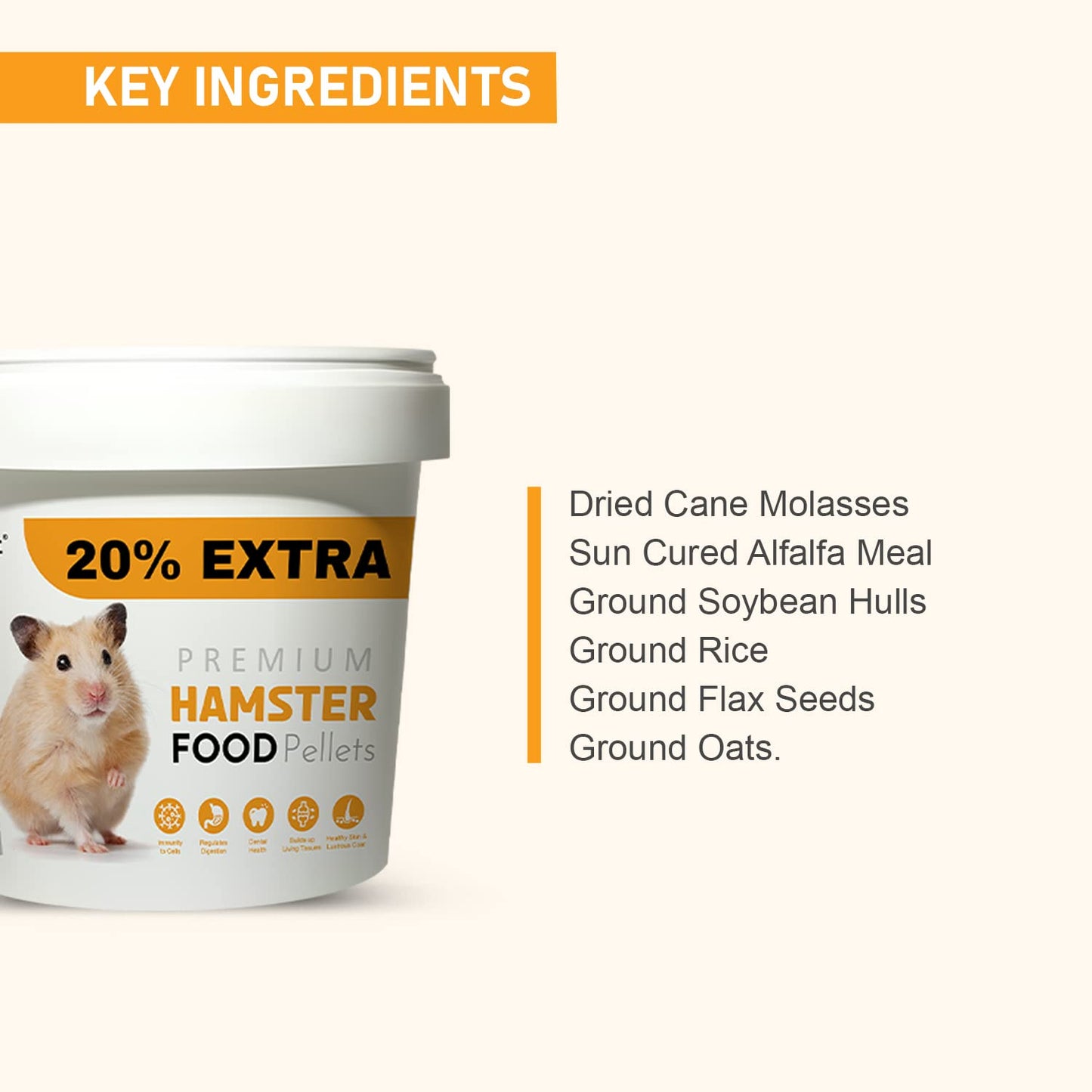 Tunai Hamster Food |500g+20% Extra| Fortified with DHA Omega 3&6 and Vitamins, Cane Molasses, Sun Curated Alfalfa Meal, Flax Seeds and Ground Rice, Oats