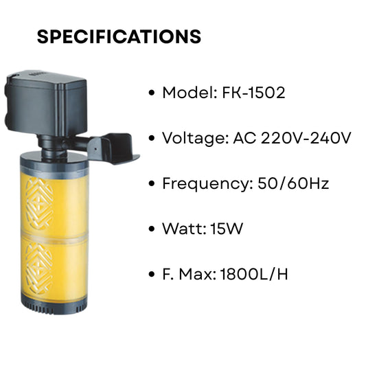 S0B0 FE-1502 Internal Filter for Aquarium Fish Tank | Absorbs Dirt & Cleans Water | Completely Submersible | for Fresh and Marine Water Tank | Power: 15W | F.Max: 1200L/H | Original from Tunai Store