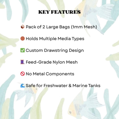 The Clear Water Series Net Bag for Aquarium Filter Media, Durable Bags to Hold Biological and Chemical Filter Media (Large (Pack of 2))