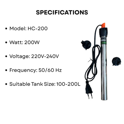 S0B0 HC-200 316 200W Stainless Steel Aquarium Heater| Stainless Steel Tube | Corrosion-Resistance | Fully Submersible | Suitable for 100-200L Aquarium | Original from Tunai Store