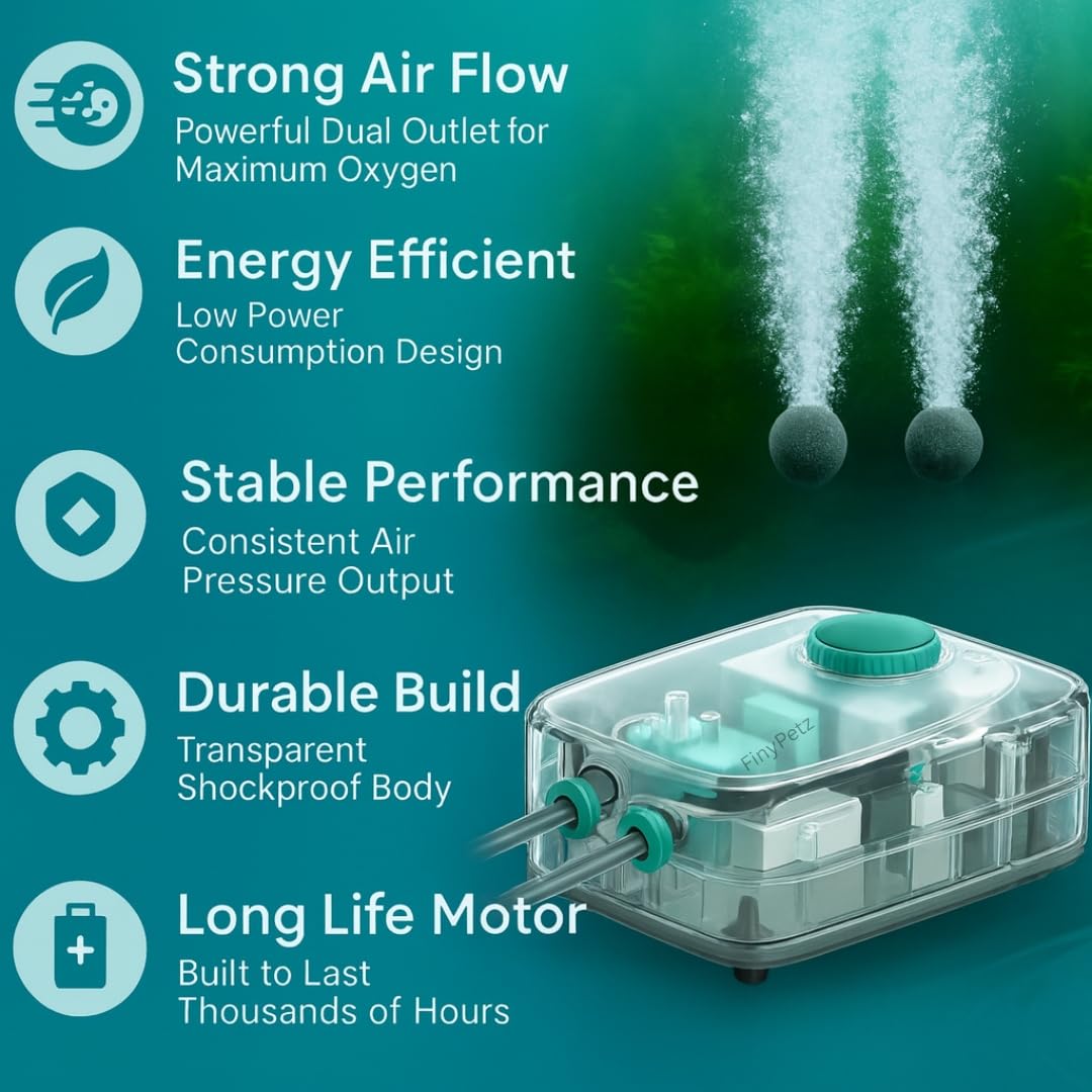 SOBO AQ-016 Aquarium Air Pump (6W | 6L/Min) | Ultra-Quiet Dual Outlet Oxygen Aerator with Adjustable Flow Control | Energy-Efficient Durable Design | Free 3M Tube, 2 Air Stones & Check Valves