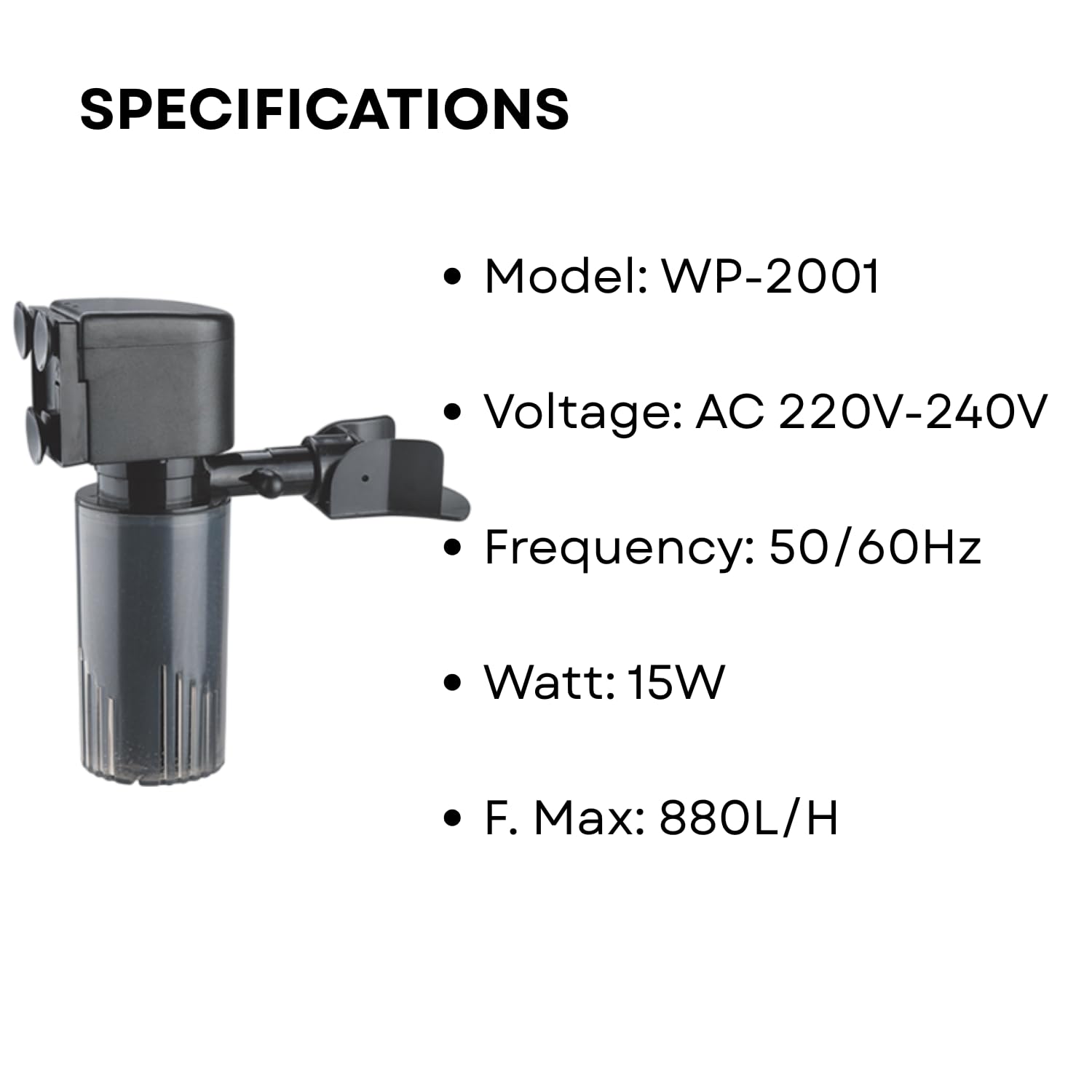 S0B0 WP-2001 Internal Filter for Aquarium Fish Tank | Completely Submersible | Absorbs Dirt & Cleans Water | for Fresh and Marine Water Tank | Power: 15W | F.Max: 880L/H | Original from Tunai Store