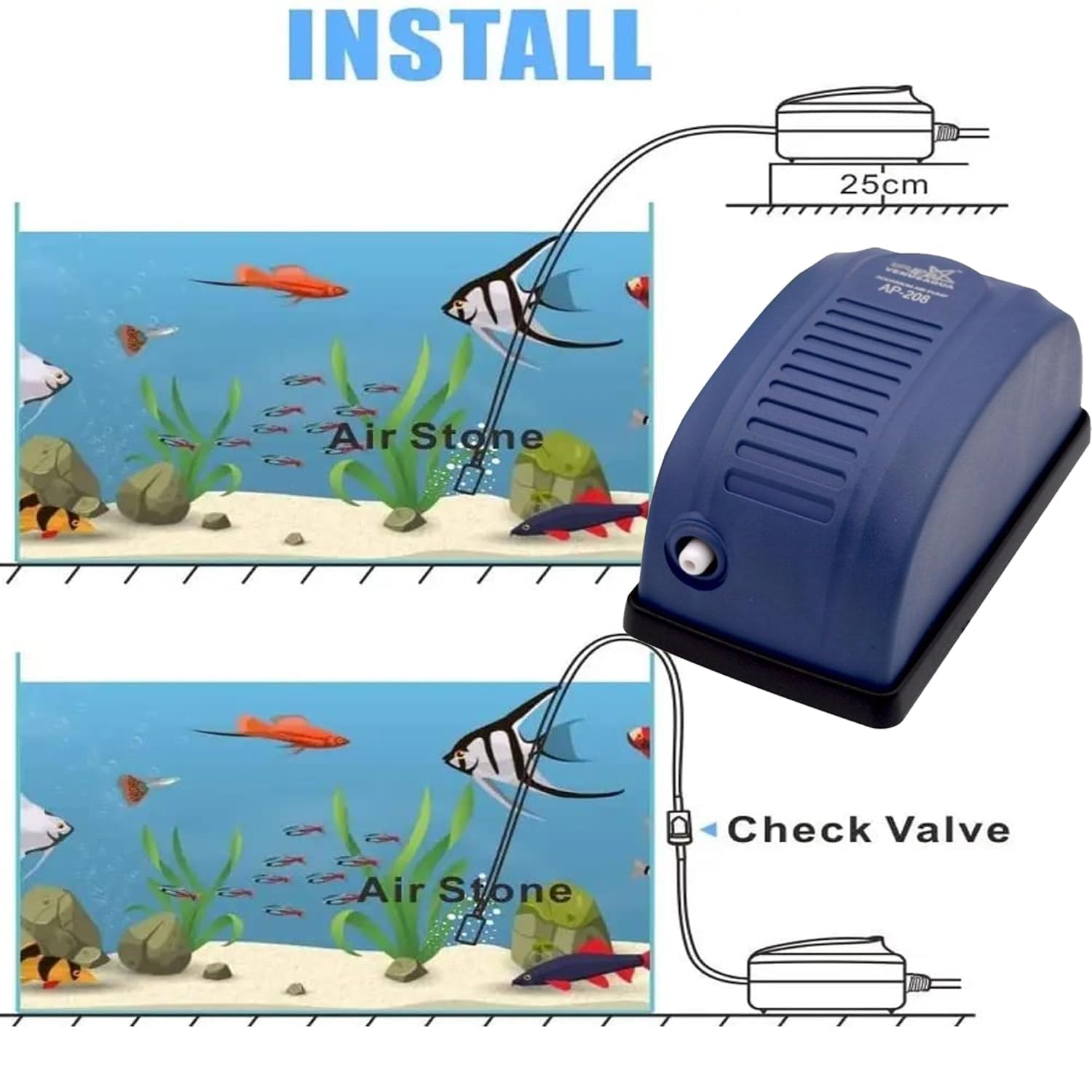 Venus Aqua AP-208 Aquarium Air Pump | Single Nozzle Oxygen Pump | Low Noise 2-Speed Adjustable Aerator | 2.5W Power, 3.5L/Min Air Flow for Freshwater & Marine Fish Tanks