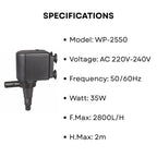 S0B0 WP-2550 Power Head for Aquarium Fish Tank | Powerful Water Circulation for Strong and Consistent Flow | Ideal for Marine and Fresh Water | Power: 35W | F.Max: 2800L/H | Original from Tunai Store