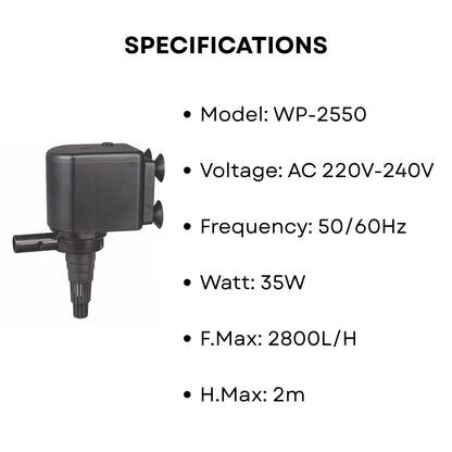 S0B0 WP-2550 Power Head for Aquarium Fish Tank | Powerful Water Circulation for Strong and Consistent Flow | Ideal for Marine and Fresh Water | Power: 35W | F.Max: 2800L/H | Original from Tunai Store