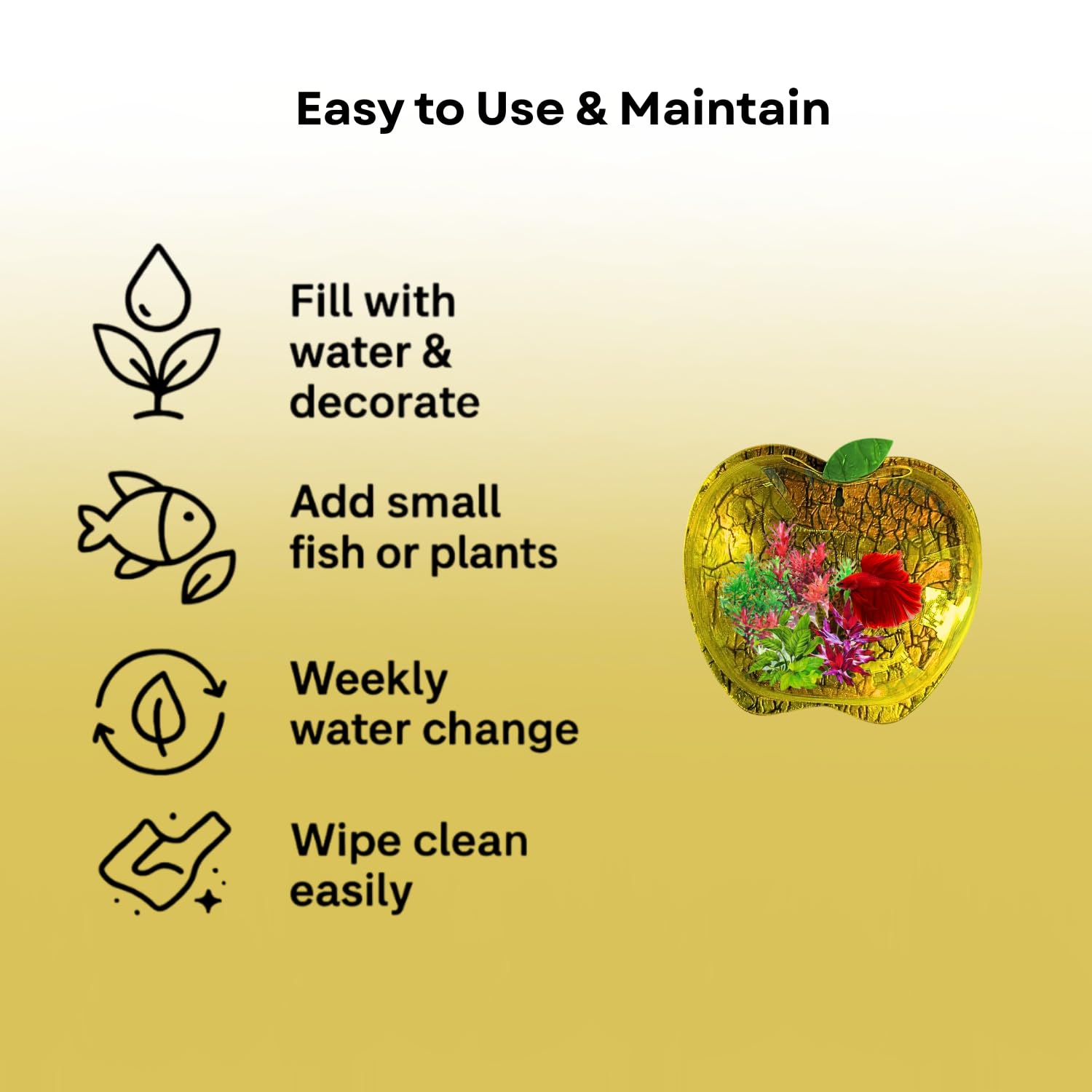 Wall Mount 9-inch Yellow Apple Shape Fish Bowl – Without Stand | Modern Aquarium for Home, Office & Café Décor | Space Saving Design | Elegant Fish Tank & Plant Terrarium | Compact Design