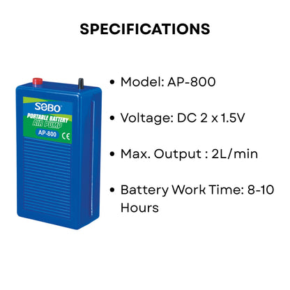S0B0 AP-800 Portable Battery Air Pump for Aquarium Fish Tank | Ease and Quiet Operation | Ideal for Smaller Tanks | Power: DC 2 x 1.5V | F.Max: 2L/Min | Original from Tunai Store