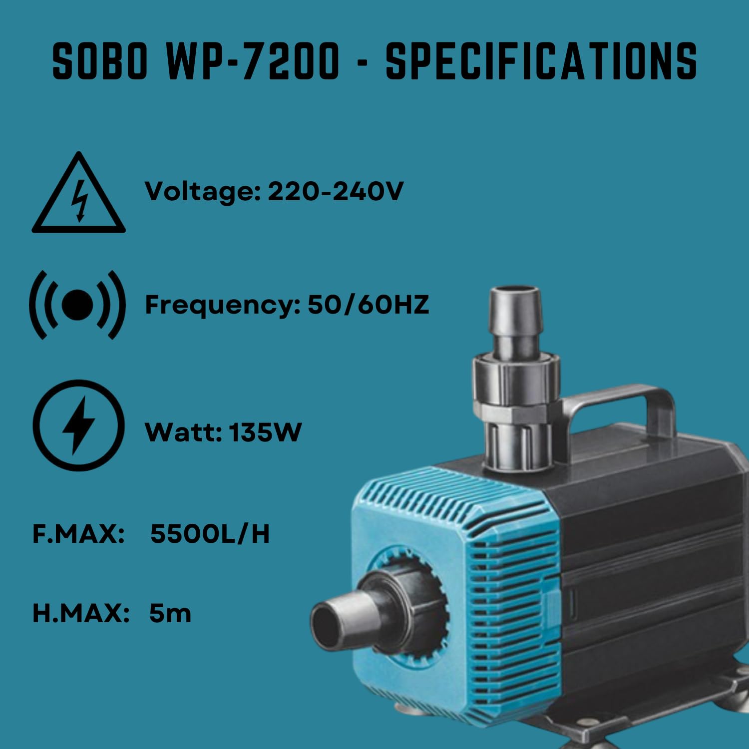 S0B0 WP-7200 70W Submersible Water Pump For Aquarium Fish Tank | Submersible Water Pump with Bottom Suction Cups | Power: 135W | Output: 5500L/H | Aquarium Accessories | Original from Tunai Store