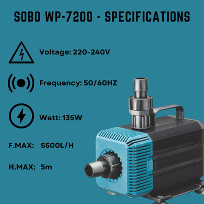S0B0 WP-7200 70W Submersible Water Pump For Aquarium Fish Tank | Submersible Water Pump with Bottom Suction Cups | Power: 135W | Output: 5500L/H | Aquarium Accessories | Original from Tunai Store
