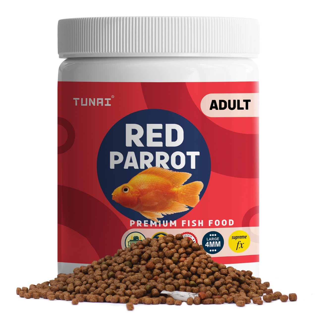 TUNAI Supreme Adult Formula Red Parrot Fish Food Pellet 4Mm with 40% Protein 100G and Vitamins, Essential for Color Enhancement, Growth for Medium and Large Sized Red Parrot Fish