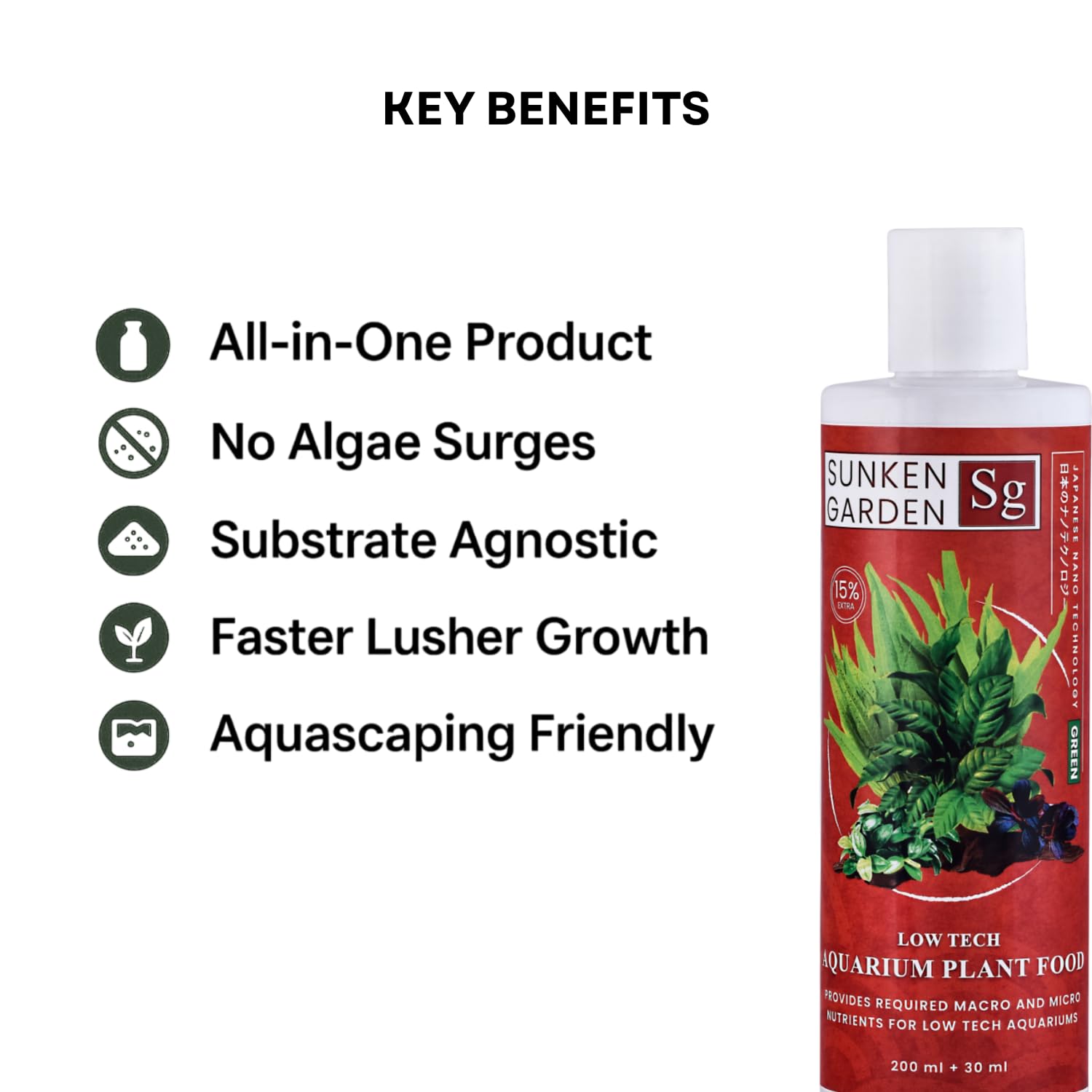 Sunken Garden Green – All-in-One Aquarium Plant Fertilizer | CO₂ & Non-CO₂ Compatible | Anti-Algae Formula (200 ml + 30 ml)