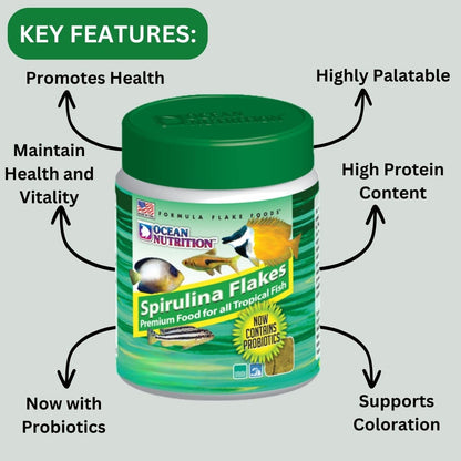 ON+ Spirulina Flakes Fish Food with Probiotics (Original from Tunai Store) | Premium Flake Food for All Tropical Fish (156gms, Flake)