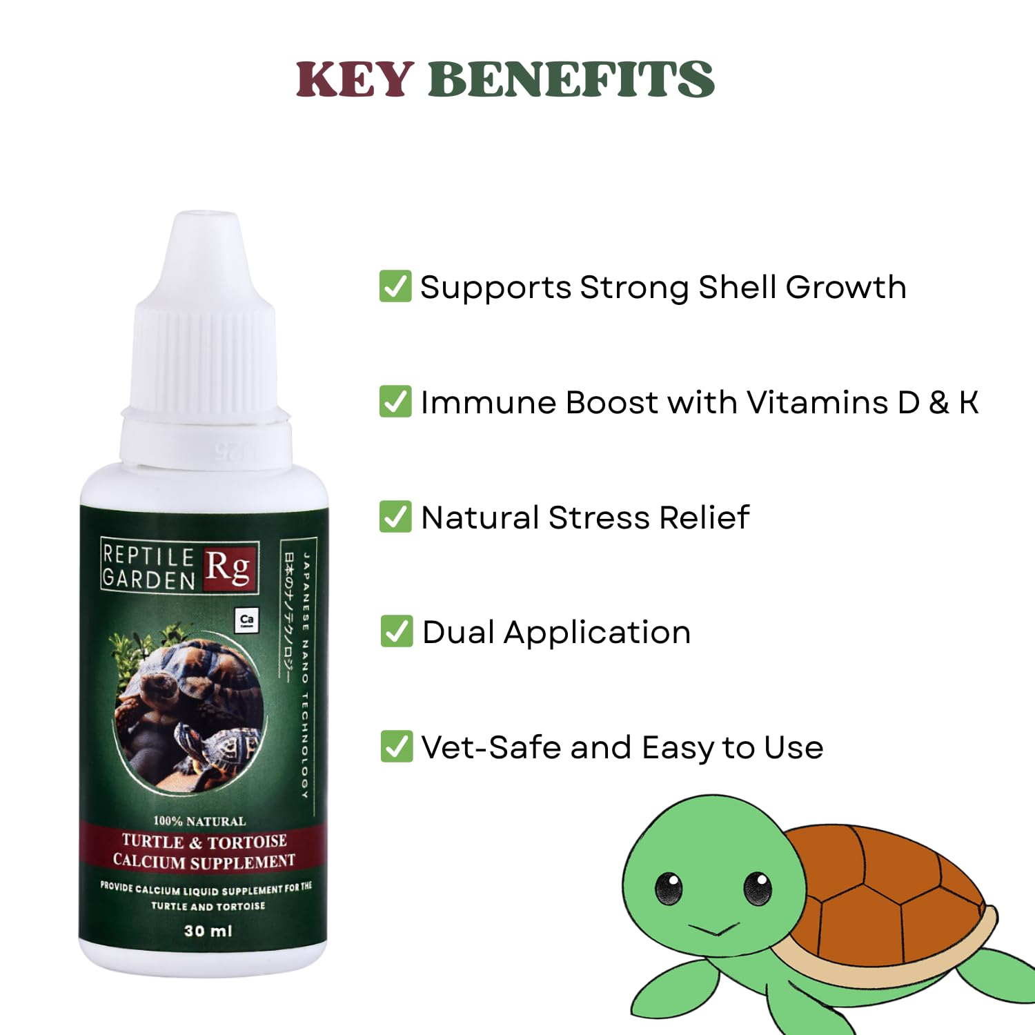 Reptile Garden Turtle & Tortoise Calcium Liquid Supplement | Shell Strength + Immunity + Stress Relief | Supports Immune System, and aids in Overall Vitality (30 ml)