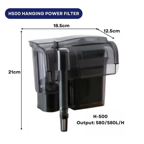 Dophin H500 Hanging Power Filter for Aquarium Fish Tank | Mechanical and Biological Filtration in One System | Output: 580/580L/H | Suitable for Tank Size 150L | (Original from Tunai Store)