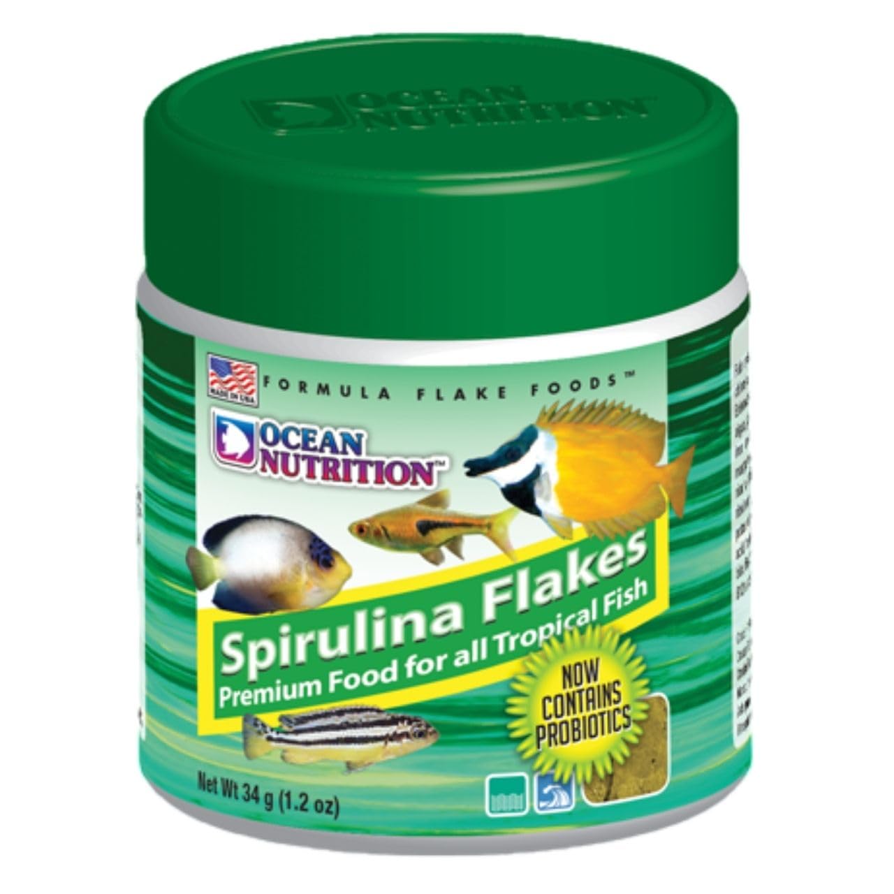 ON+ Spirulina Flakes Fish Food with Probiotics (Original from Tunai Store) | Premium Flake Food for All Tropical Fish (34gms, Flake)