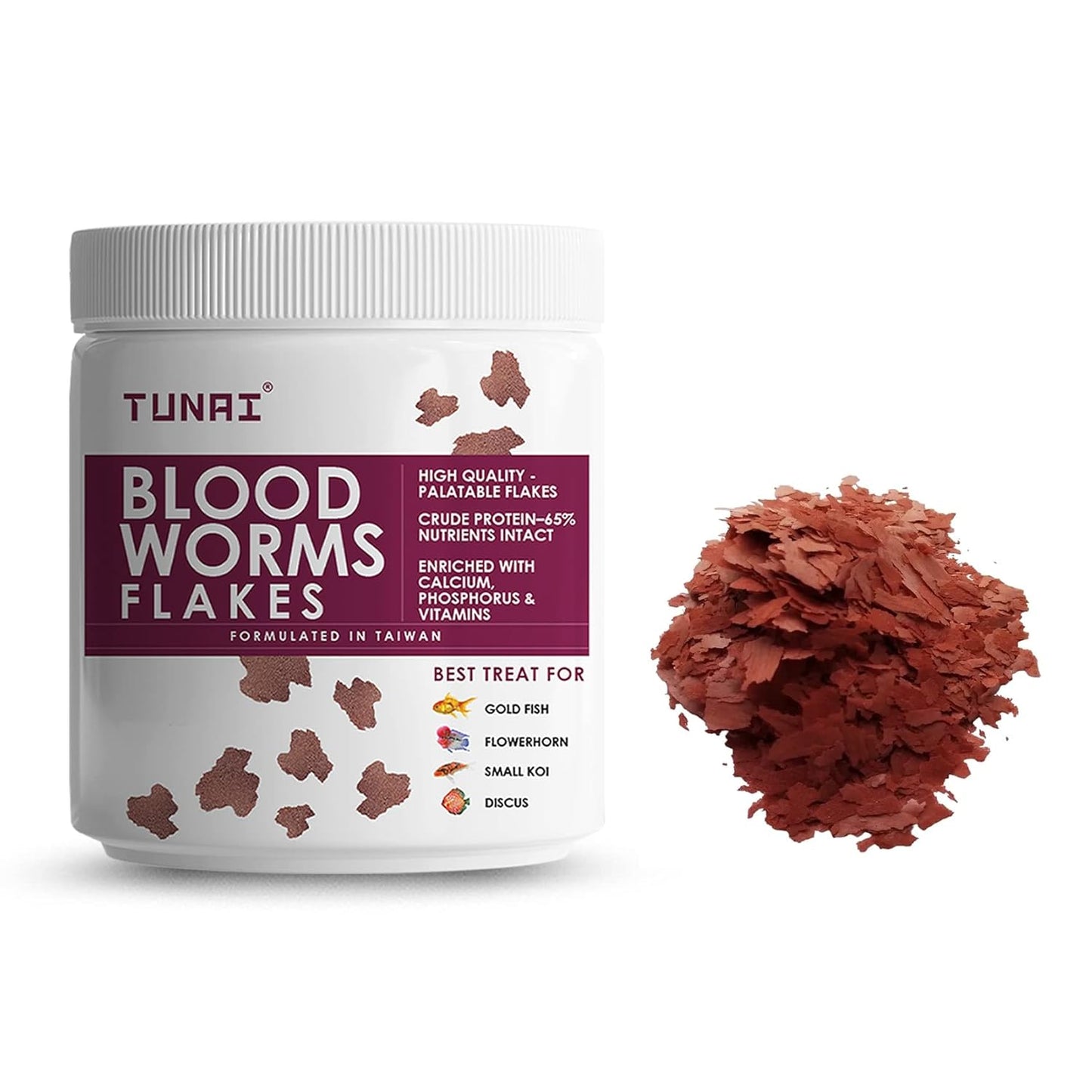 TUNAI Blood Worm Flakes with 55% Protein |50G| Supplement Treat, Boost Color and Fish Food for Gold Fish, Flowerhorn, Small Koi, & Discus, 1 Count