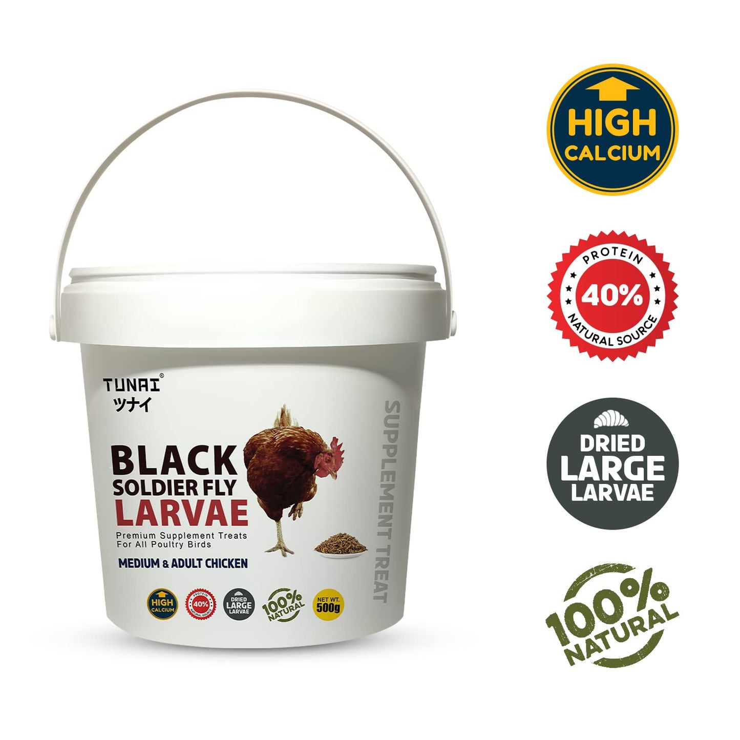 Tunai Black Soldier Fly Larvae | 500g | 60X Calcium, Fortified with 40% Protein Treat for All Adult Chicken and Poultry Birds for Better Egg Shell Health and Growth