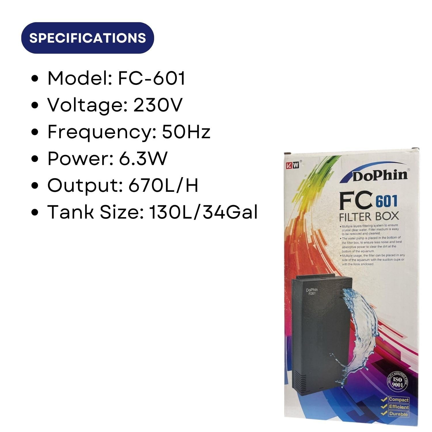 TUNAI Dophin FC-601 Internal Filter Box for Aquarium Fish Tank | Suitable for Both Fresh and Marine Water | Output: 670L/H | Suitable for Tank Size 130L