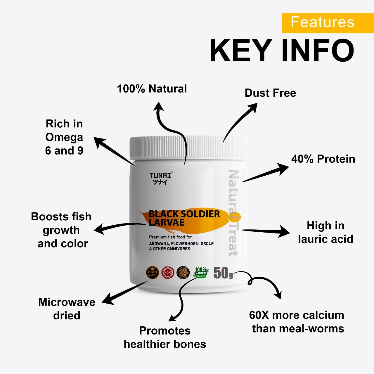 TUNAI Black Soldier Fly Larvae Bsfl |50G| 60X More Calcium Than Meal Worms, 40% Protein Rich Fish Food for Oscar, Arowana, Flowerhorn, Adult Turtle, Tortoise, 1 Count