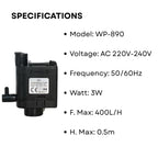 S0B0 WP-890 Submersible Water Pump for Aquarium Fish Tank | Compact Design | Suitable for Freshwater and Saltwater Aquarium | Power: 3W| F.Max: 400L/H | Original from Tunai Store