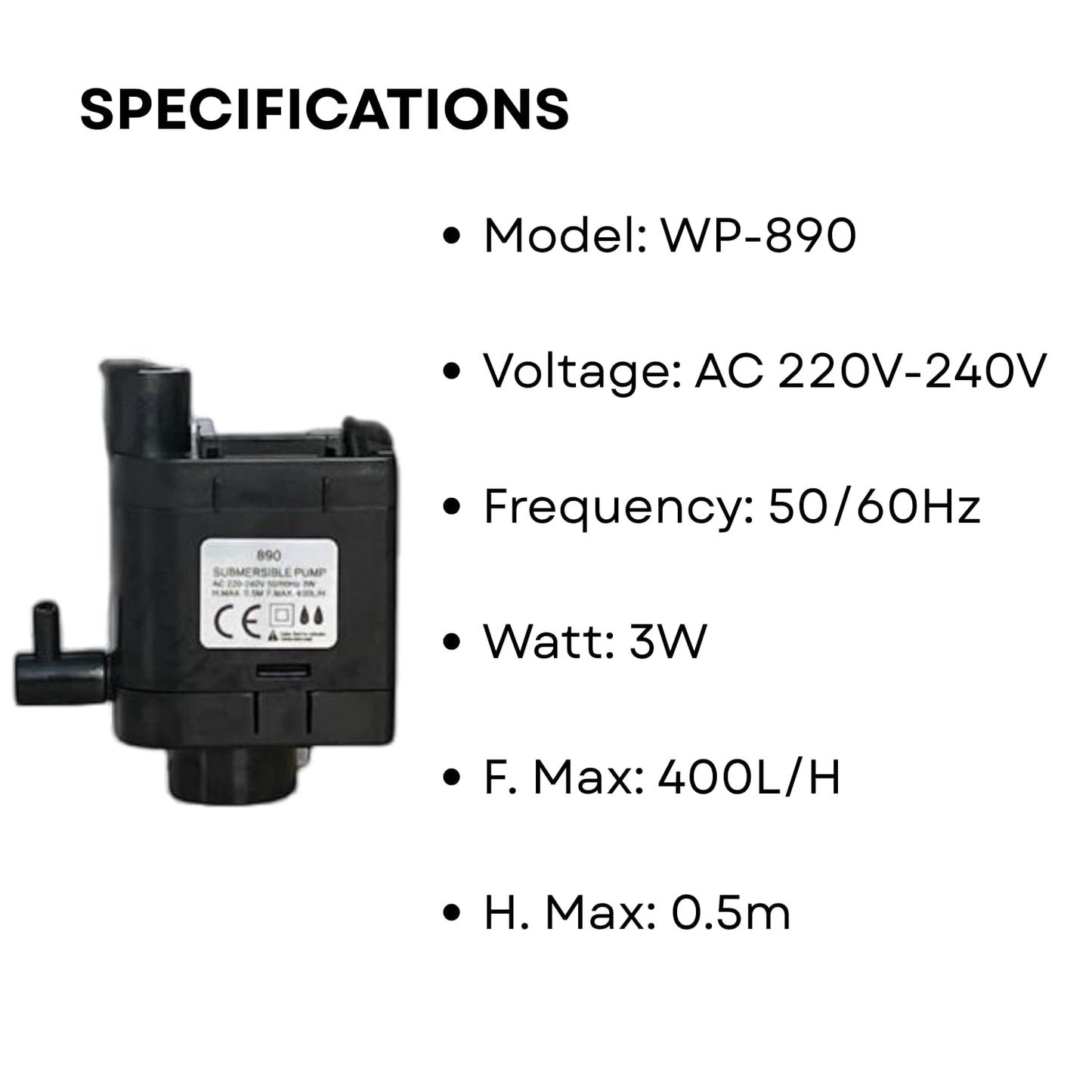 S0B0 WP-890 Submersible Water Pump for Aquarium Fish Tank | Compact Design | Suitable for Freshwater and Saltwater Aquarium | Power: 3W| F.Max: 400L/H | Original from Tunai Store