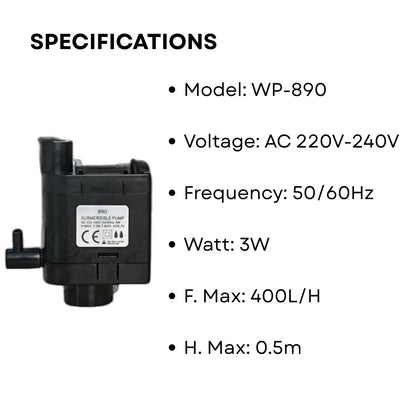 S0B0 WP-890 Submersible Water Pump for Aquarium Fish Tank | Compact Design | Suitable for Freshwater and Saltwater Aquarium | Power: 3W| F.Max: 400L/H | Original from Tunai Store