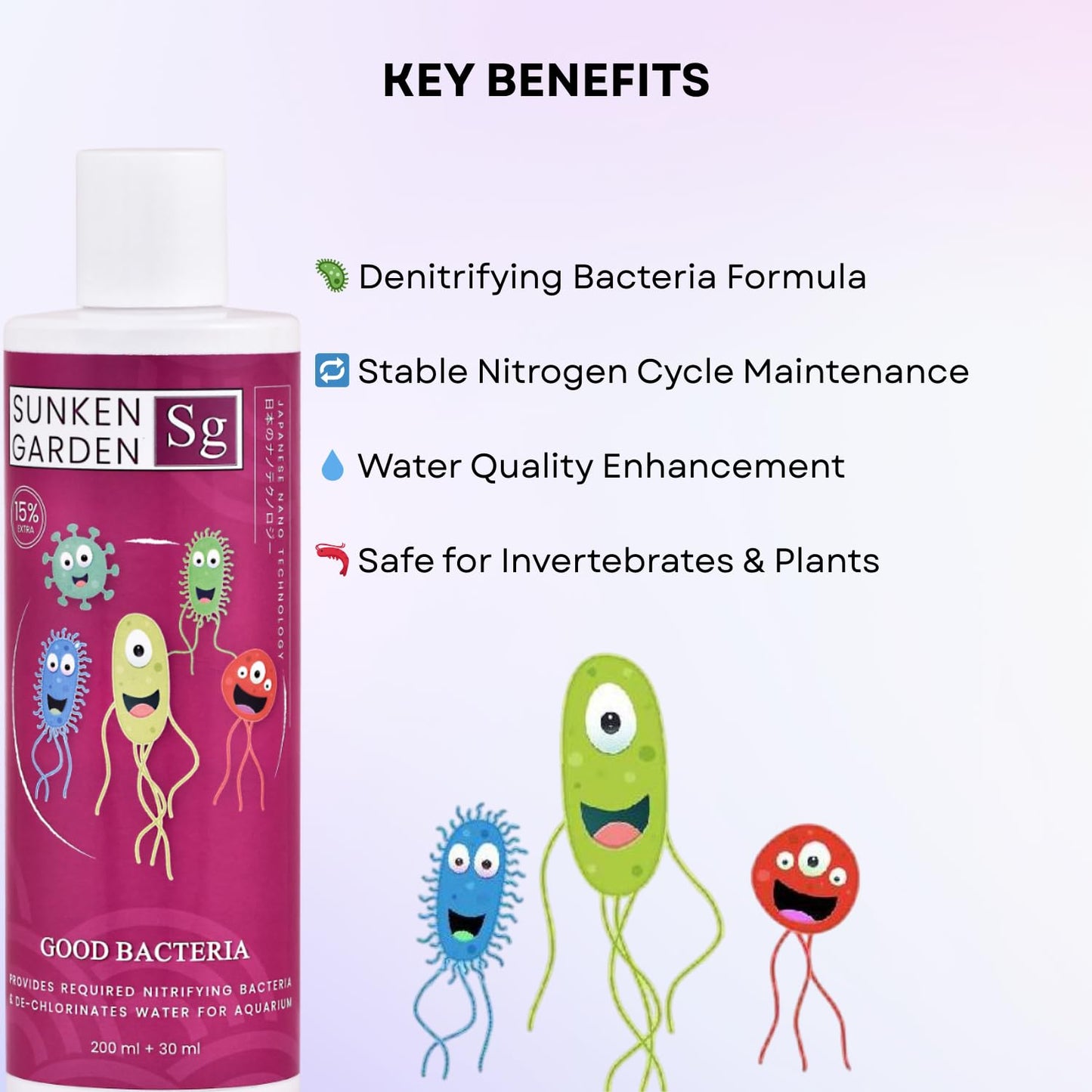 Sunken Garden Good Bacteria Aquarium Water Conditioner | Premium Denitrifying Bacteria for Water Clarity & Bio Stability | Safe for Shrimp & Invertebrates (200 ml + 30 ml)