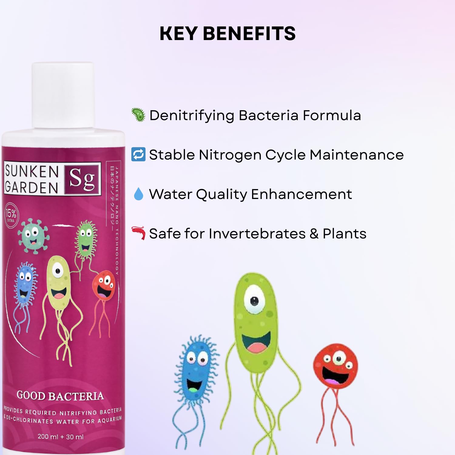 Sunken Garden Good Bacteria Aquarium Water Conditioner | Premium Denitrifying Bacteria for Water Clarity & Bio Stability | Safe for Shrimp & Invertebrates (200 ml + 30 ml)