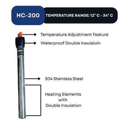 S0B0 HC-200 316 200W Stainless Steel Aquarium Heater| Stainless Steel Tube | Corrosion-Resistance | Fully Submersible | Suitable for 100-200L Aquarium | Original from Tunai Store
