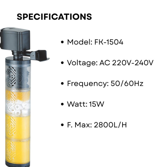 S0B0 FE-1504 Internal Filter for Aquarium Fish Tank | Absorbs Dirt &Cleans Water | Completely Submersible | for Fresh and Marine Water Tank | Power: 15W | F.Max: 1200L/H | Original from Tunai Store