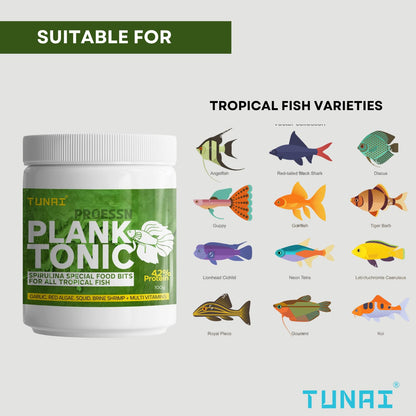 Tunai Plank Tonic Spirulina Special Fish Food Bits with 42% Protein | Suitable for Angel, Gold Fish, Betta, Discus, Arowana, Oscar, Red Parrot, Cichlids
