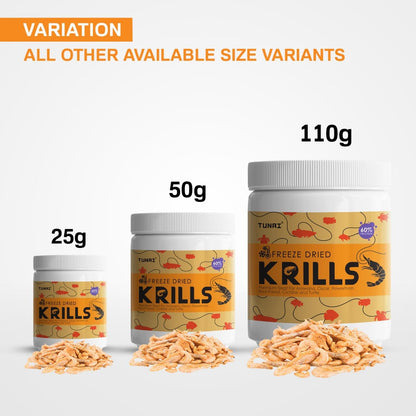 TUNAI Freeze Dried Krills Fish Food & Treats for Turtle, Cichlids, Flowerhorn, Oscar, Red Parrot, Arowana & Other Carinvorous Fish (25g, Krill)