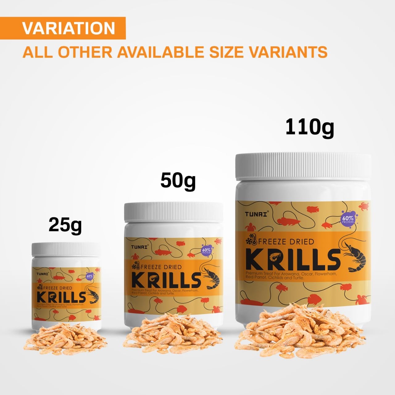 TUNAI Freeze Dried Krills Fish Food & Treats for Turtle, Cichlids, Flowerhorn, Oscar, Red Parrot, Arowana & Other Carinvorous Fish (110g, Krill)