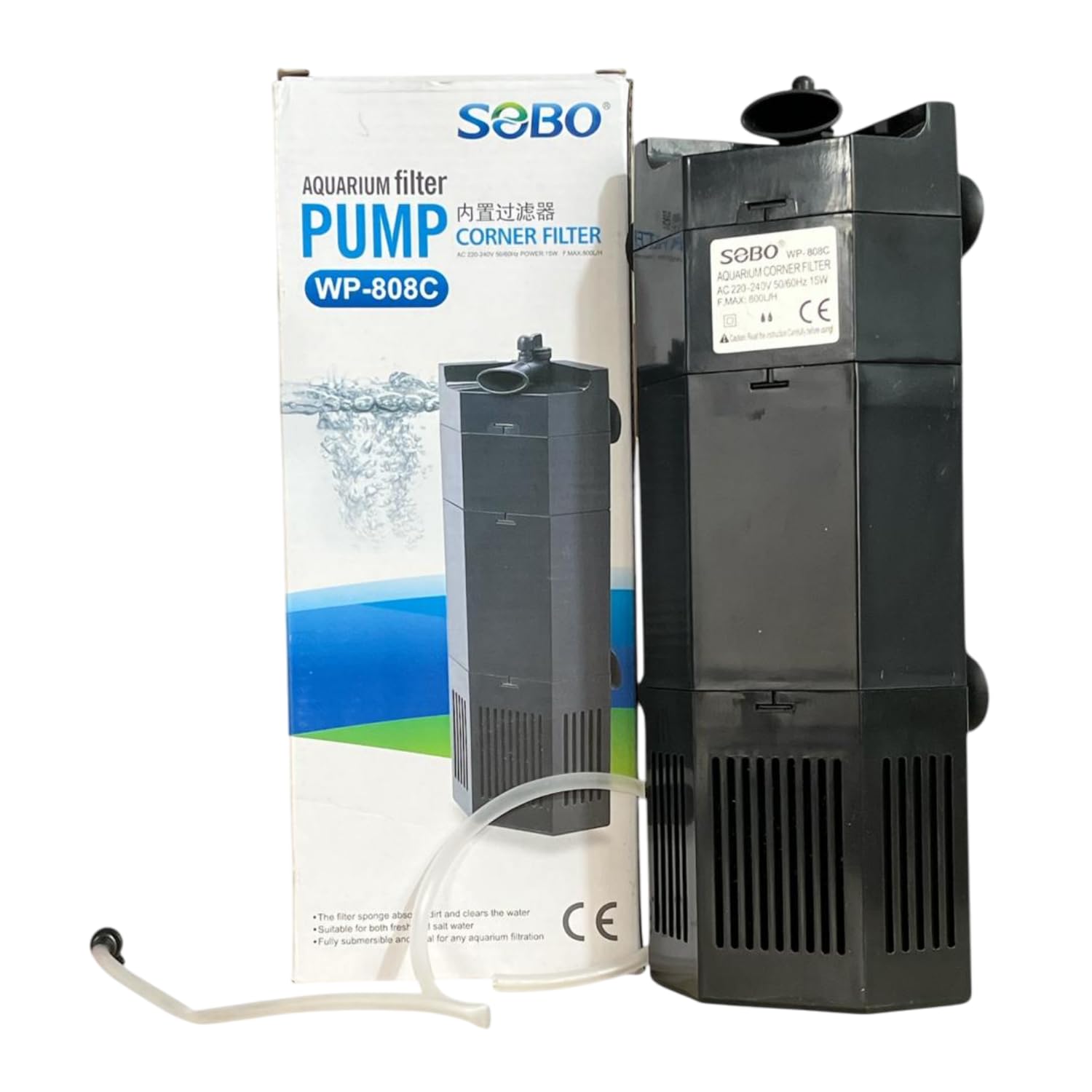 S0B0 WP-808C Internal Corner Filter for Aquarium Fish Tank | for Fresh and Salt Water | Fully Submersible | Absorbs Dirt & Clears The Water | Power: 15W | F.Max: 800L/H | (Original from Tunai Store)