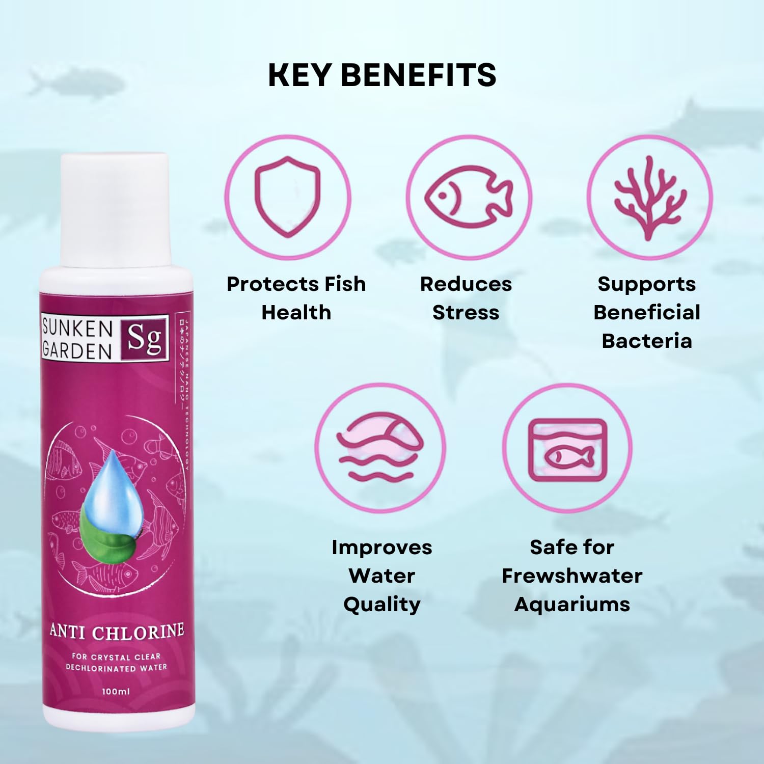 Sunken Garden Anti Chlorine | Dechlorinator + 15-Strain Beneficial Bacteria | Water Conditioner for Freshwater Aquariums (100 ml)