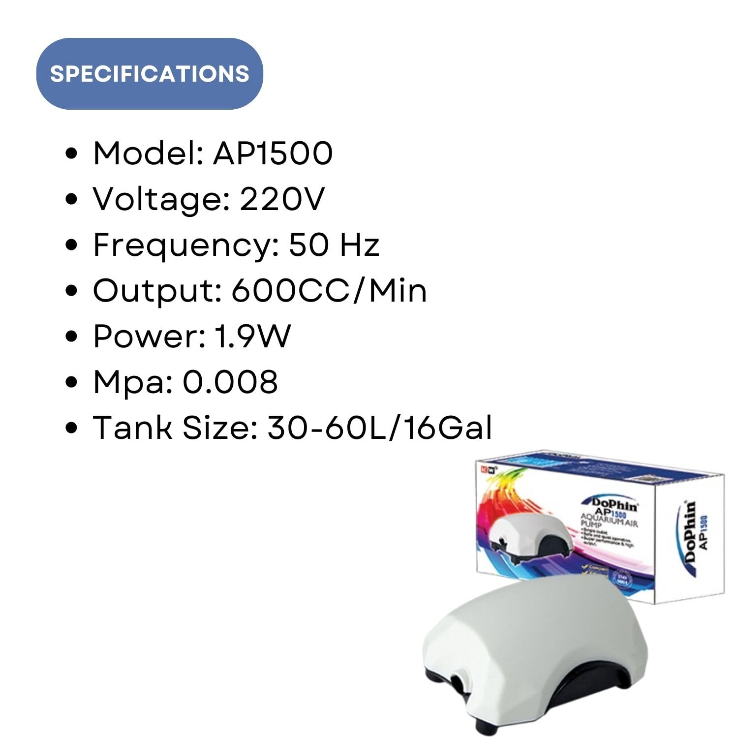 Dophin AP1500 Air Pump for Aquarium | Single Outlet | Output: 600CC/min | Suitable for Fish Tank Size 30-60L | (Original from Tunai Store)