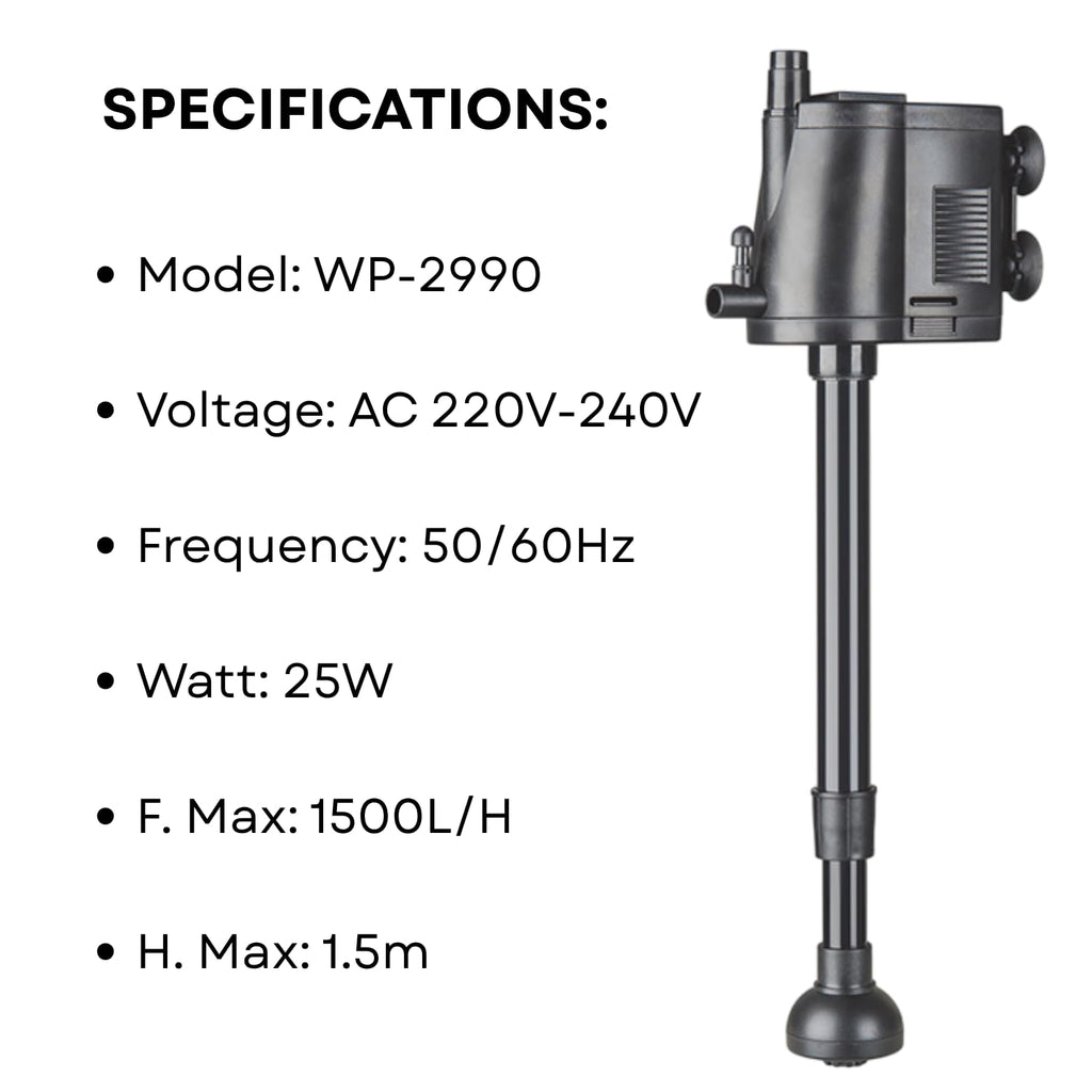 S0B0 WP-2990 Power Head for Aquarium FIsh Tank | Powerful Water Circulation for Strong and Consistent Flow | Ideal for Marine and Fresh Water | Power: 25W | F.Max: 1500L/H | Original from Tunai Store