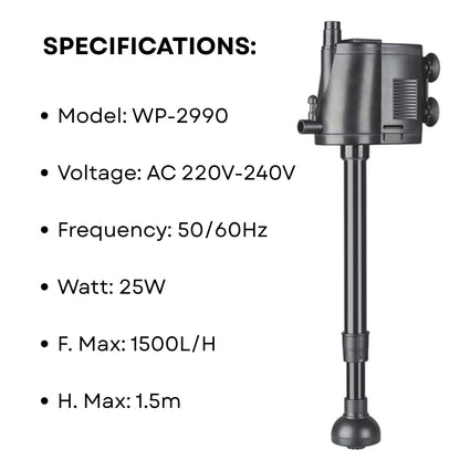 S0B0 WP-2990 Power Head for Aquarium FIsh Tank | Powerful Water Circulation for Strong and Consistent Flow | Ideal for Marine and Fresh Water | Power: 25W | F.Max: 1500L/H | Original from Tunai Store