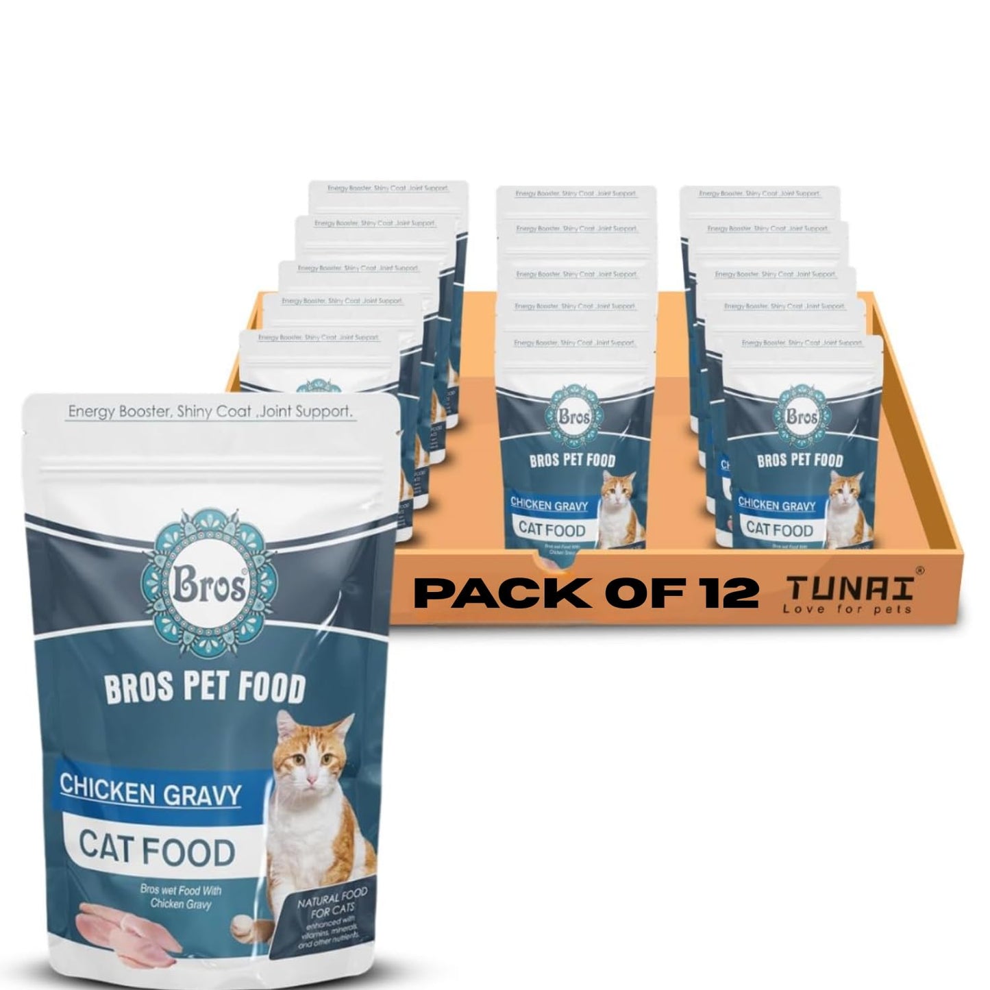 SF+ Bros Pet Cat Food Wet Gravy | Pack of 12 | Natural Food for Cats | Enhanced with Vitamins, Minerals and Other Nutrients (80gms, Chicken)