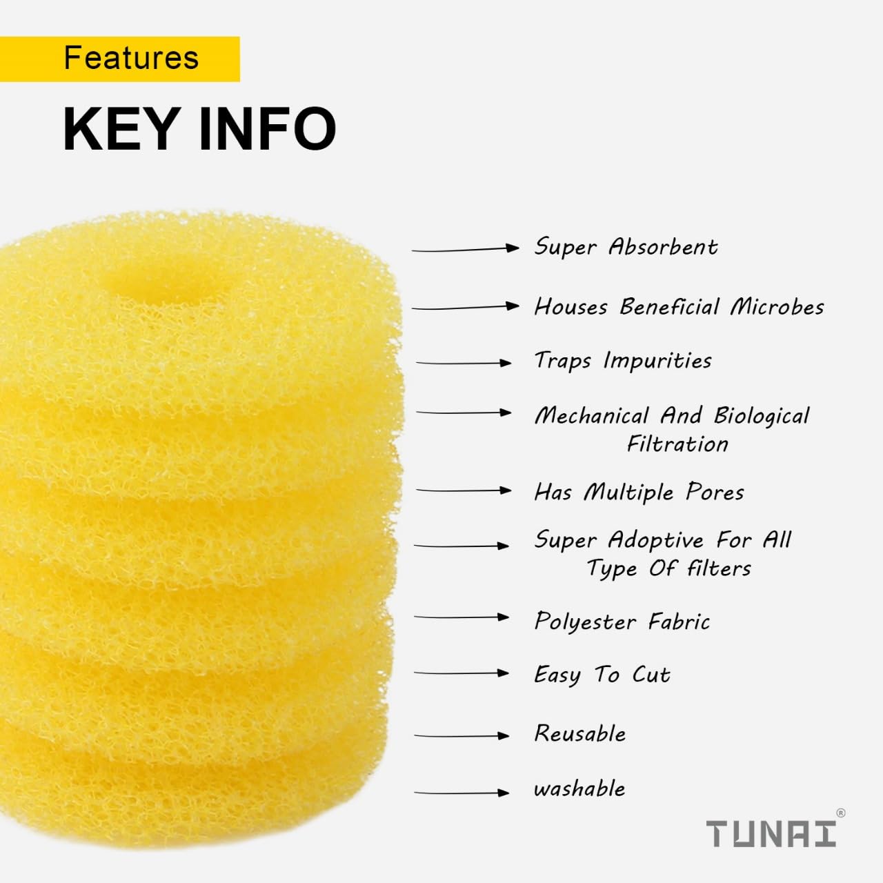 TUNAI Replacement Spiral Cylindrical Shape Sponges for RS- Electrical 3320 Cartridge Type Filters | Yellow, Pack of 5| 7x6x7cm