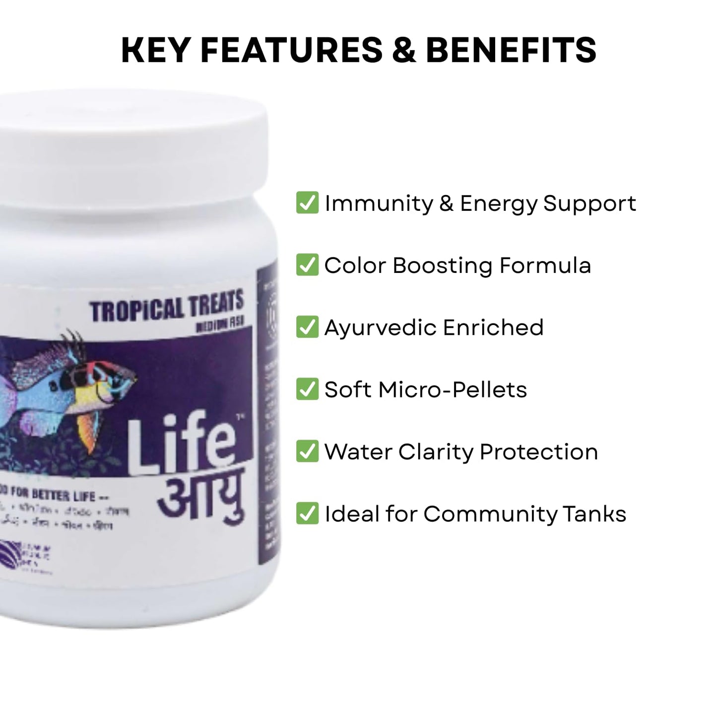 Life AAYU Tropical Treats Fish Food | Ayurvedic Immunity Boost with Spirulina, Moringa, Garlic & Color Enhancers | for All Tropical Fishes | (Medium, 70gms)