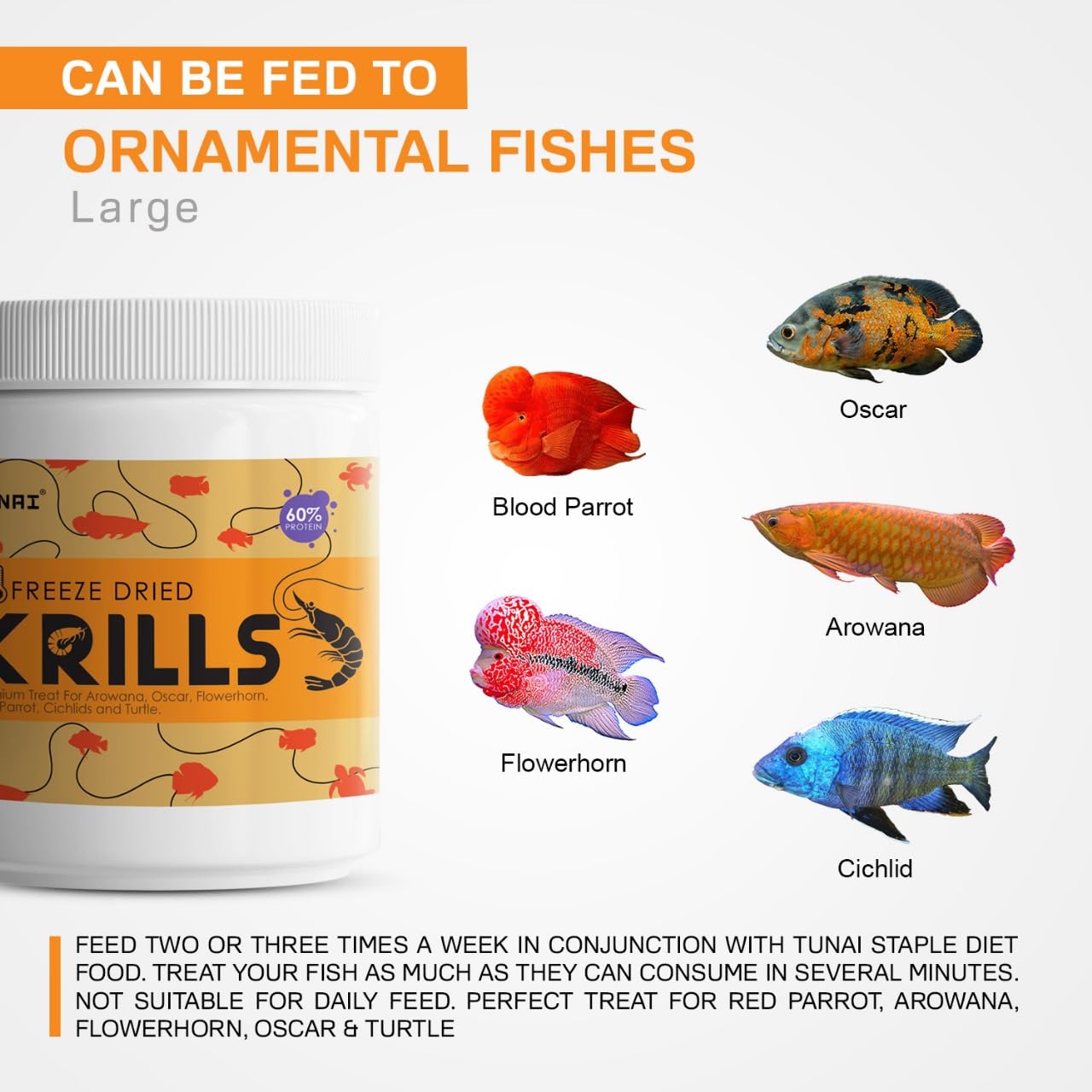 TUNAI Freeze Dried Krills Fish Food & Treats for Turtle, Cichlids, Flowerhorn, Oscar, Red Parrot, Arowana & Other Carinvorous Fish (110g, Krill)