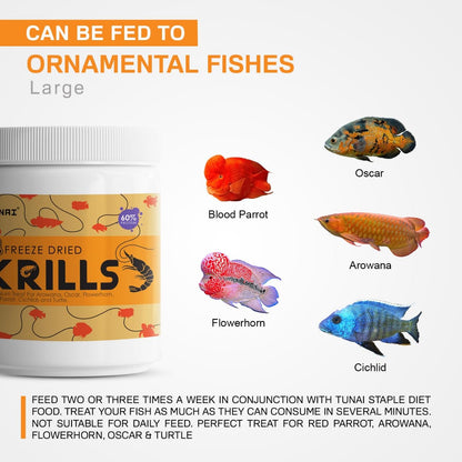 TUNAI Freeze Dried Krills Fish Food & Treats for Turtle, Cichlids, Flowerhorn, Oscar, Red Parrot, Arowana & Other Carinvorous Fish (50g, Kril)