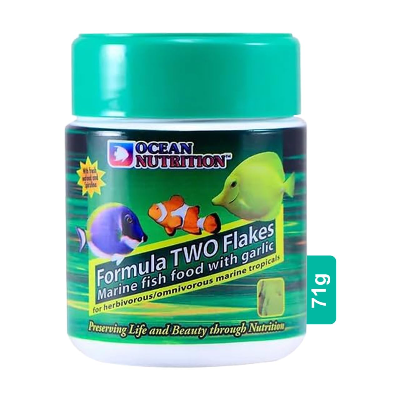 Ocean Nutrition (Original from Tunai Store) Formula Two Flakes Marine Fish Food with Garlic| 71g| 51% Protein Rich Fish Feed for Herbivorous/Omnivorous Marine Tropicals