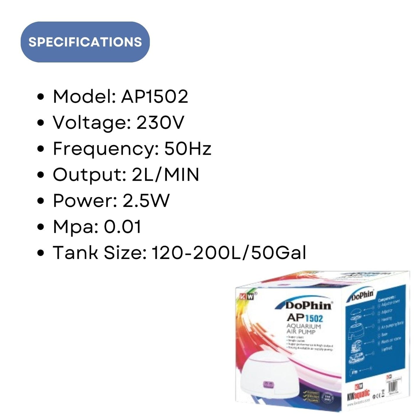Dophin AP1502 Air Pump for Aquarium | Double Outlet | Output: 2L/min | Suitable for Fish Tank Size 120-200L | (Original from Tunai Store)