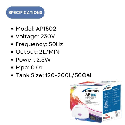 Dophin AP1502 Air Pump for Aquarium | Double Outlet | Output: 2L/min | Suitable for Fish Tank Size 120-200L | (Original from Tunai Store)